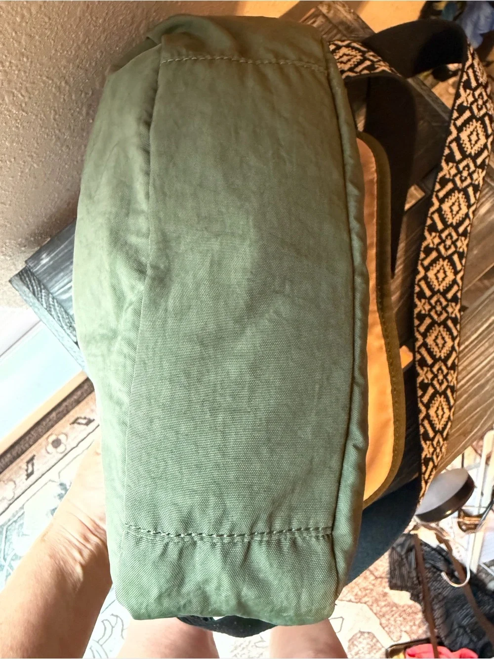 Kipling Olive Green Messenger Bag with Patterned Strap